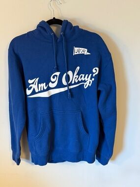 M&M'S Blue Pullover Hoodie with White 'Am I Okay?' Script